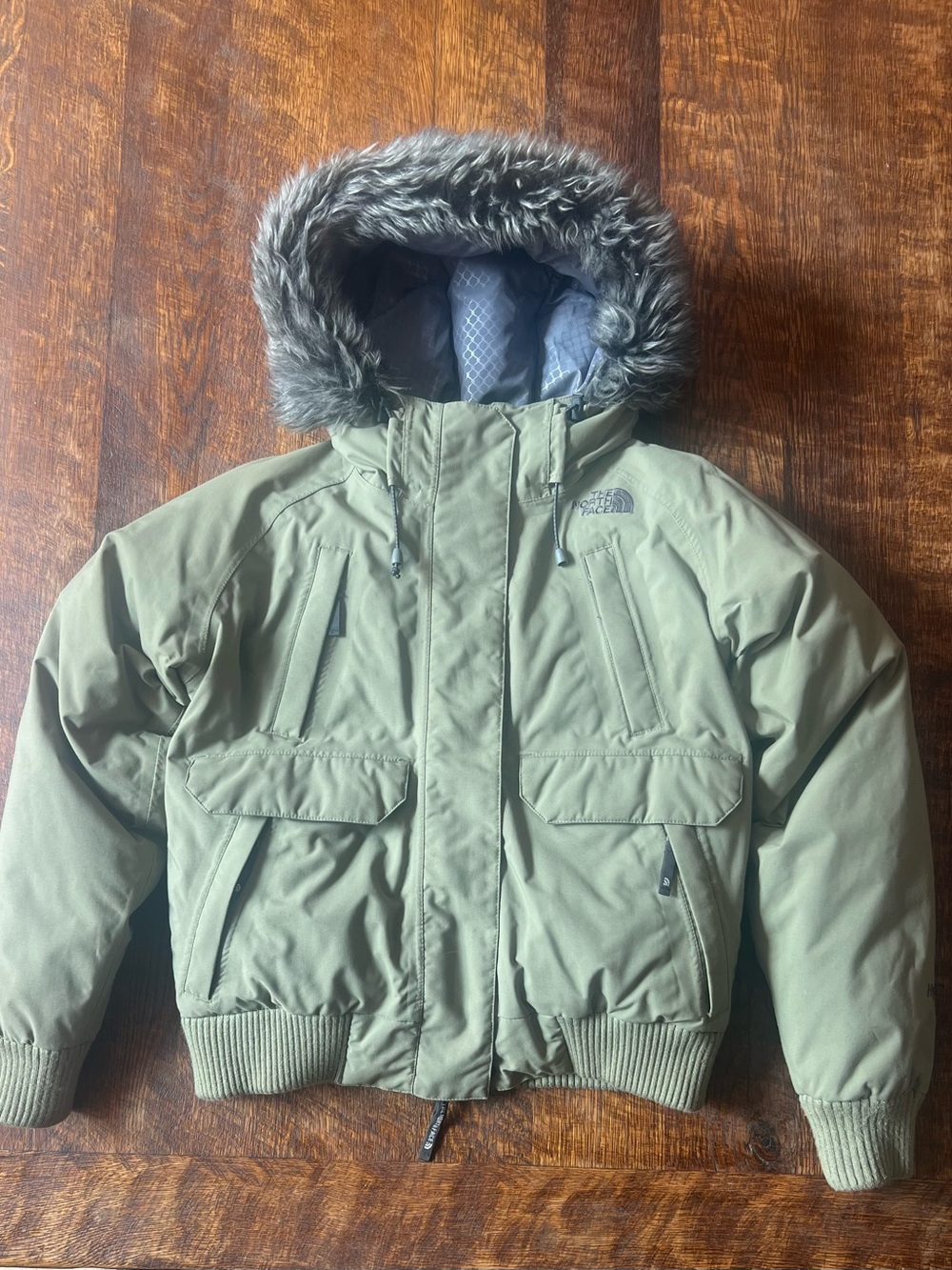 The North Face Kids Olive Green Faux Fur Hooded Puffer Jacket